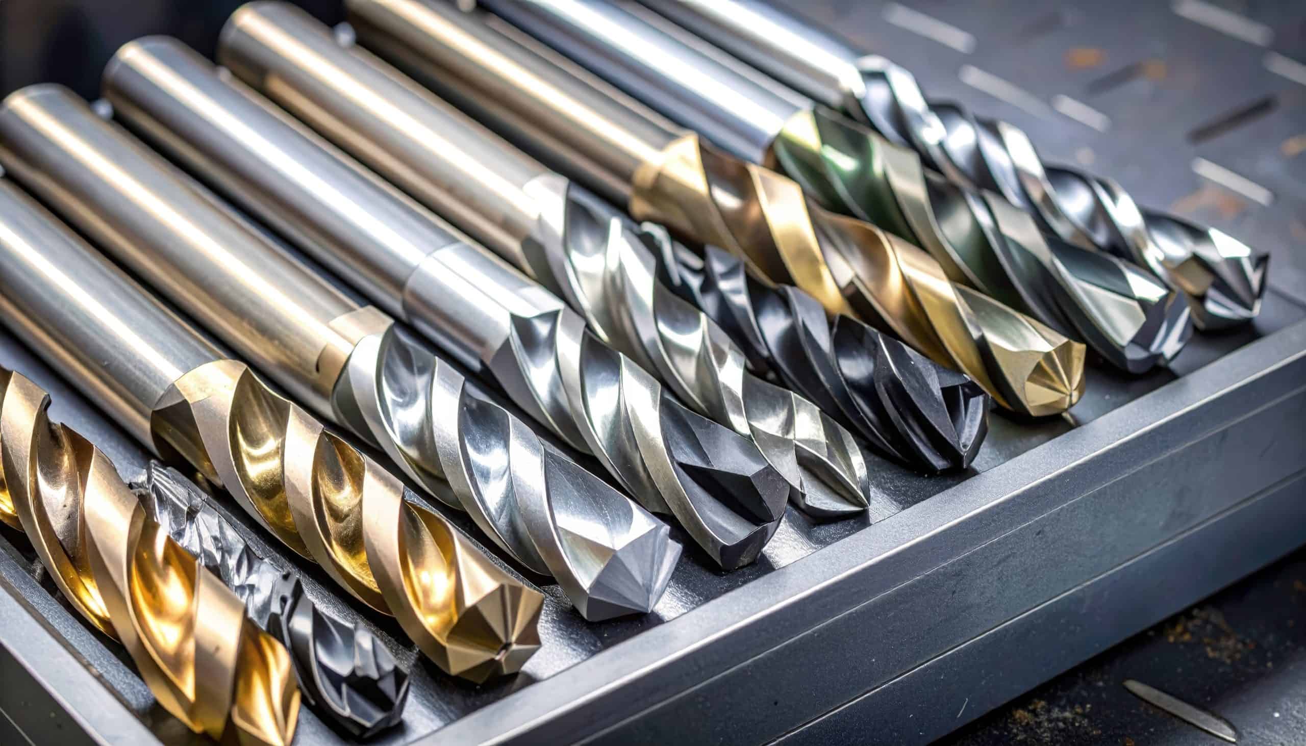 Close-up of various drill bits neatly arranged in a metal tray, showcasing diverse coatings and sizes