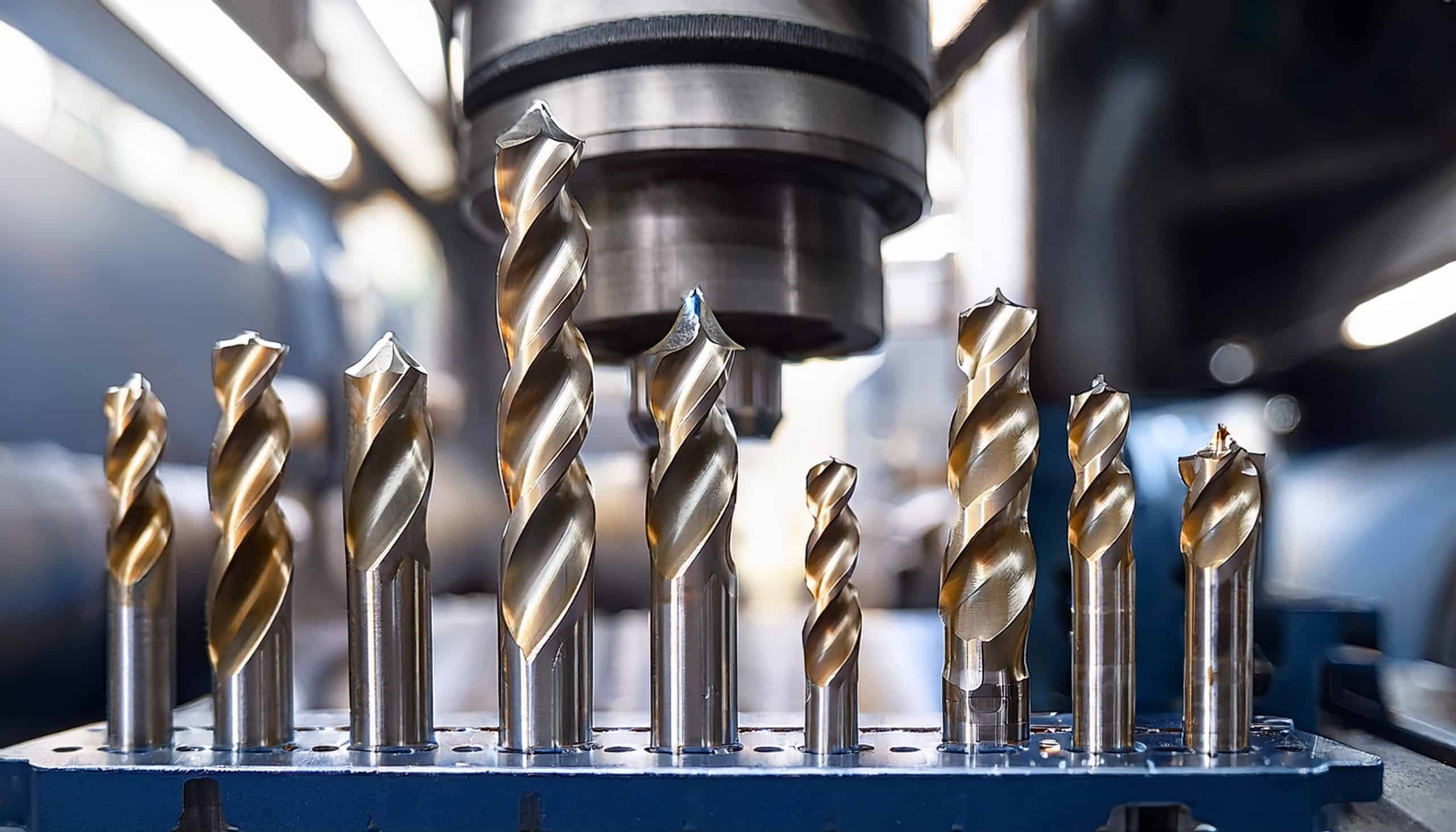 Assorted metal cutting tools arranged beneath a CNC machine spindle.